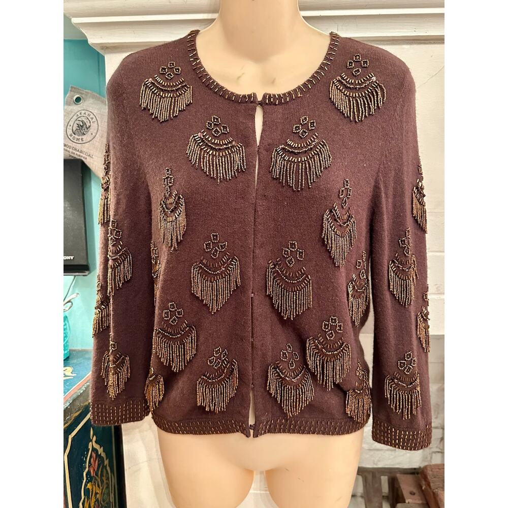 VINTAGE INTRICATELY BEADED TASSEL CASHMERE CARDIGAN SWEATER S